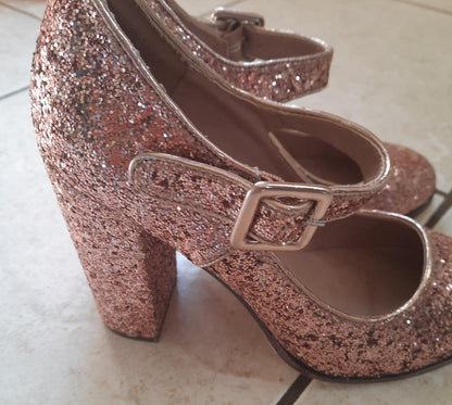 Mix No 6 Rose Pink Glitter Chunky Block Heel, Baby Doll Pumps size 7.5 ladies shoes