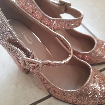 Mix No 6 Rose Pink Glitter Chunky Block Heel, Baby Doll Pumps size 7.5 ladies shoes