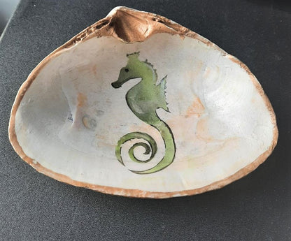 Clam Shell Art Green Sea Horse