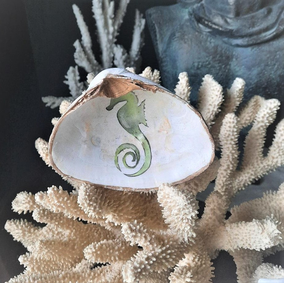 Clam Shell Art Green Sea Horse