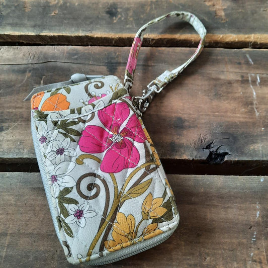 Pre Owned Vera Bradley Pink and Grey Tea Garden Wristlet. Pink Orange Yellow Flowers